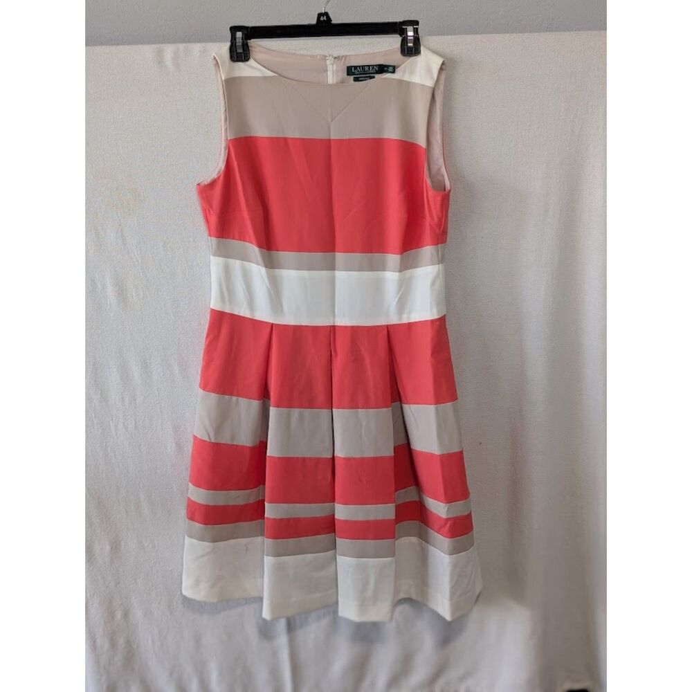 Lauren Ralph Lauren Striped Pleated Dress White Gray Pink Size 12